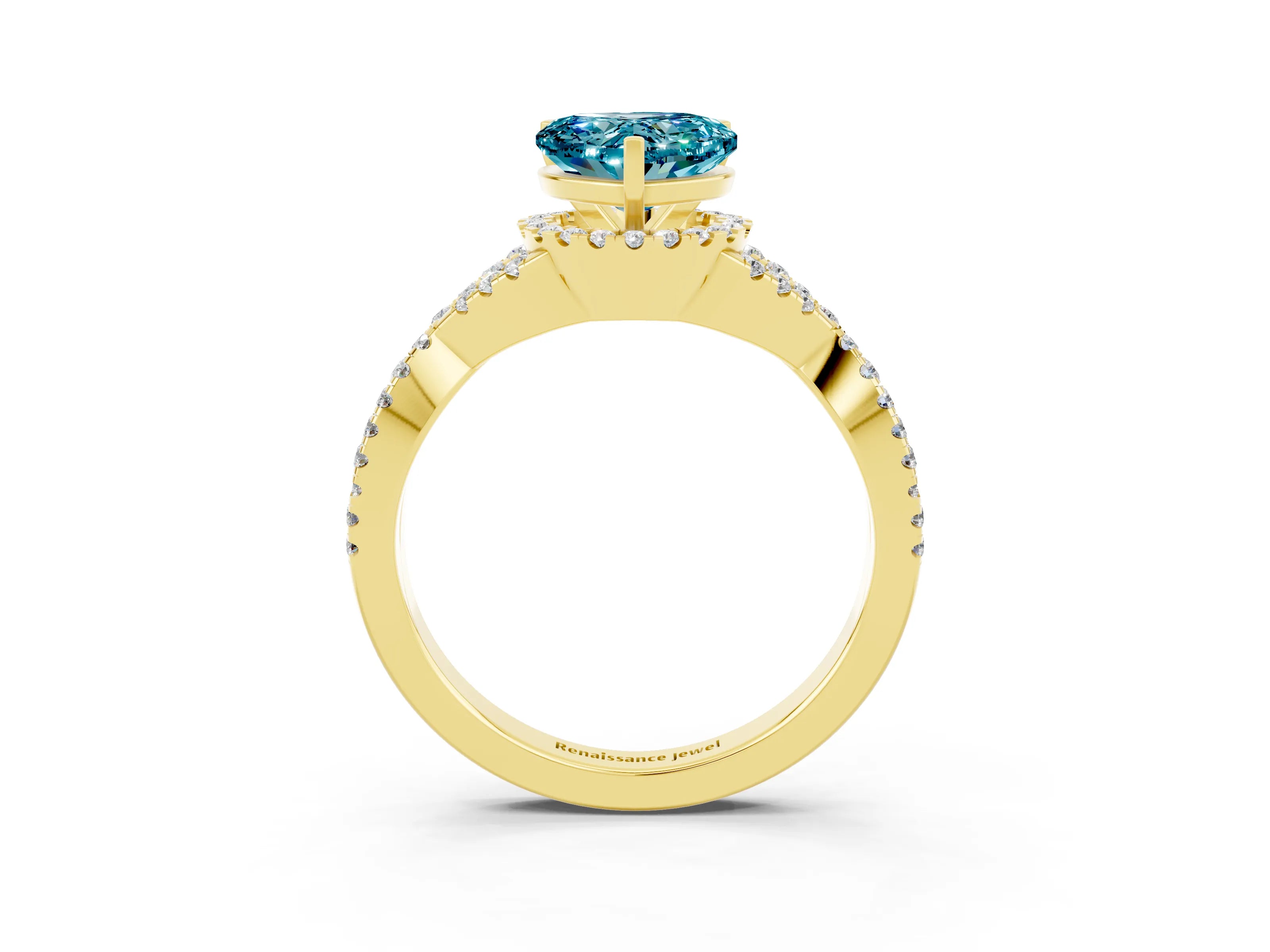 Yellow gold Heart Cut Blue Topaz Halo Twist Band Solitaire Prong Setting Ring_3
