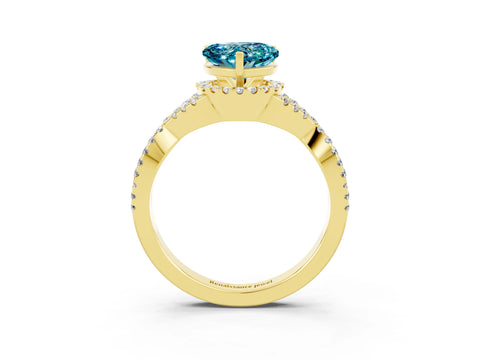 Yellow gold Heart Cut Blue Topaz Halo Twist Band Solitaire Prong Setting Ring_3