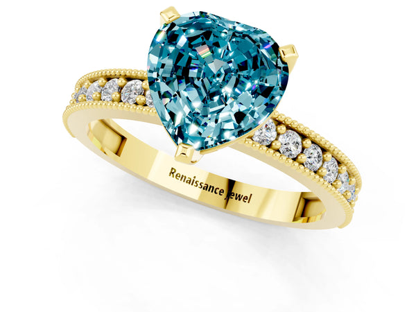 Yellow gold Heart Cut Blue Topaz Milgrain Pavé Engagement Ring with Four-Prong Setting