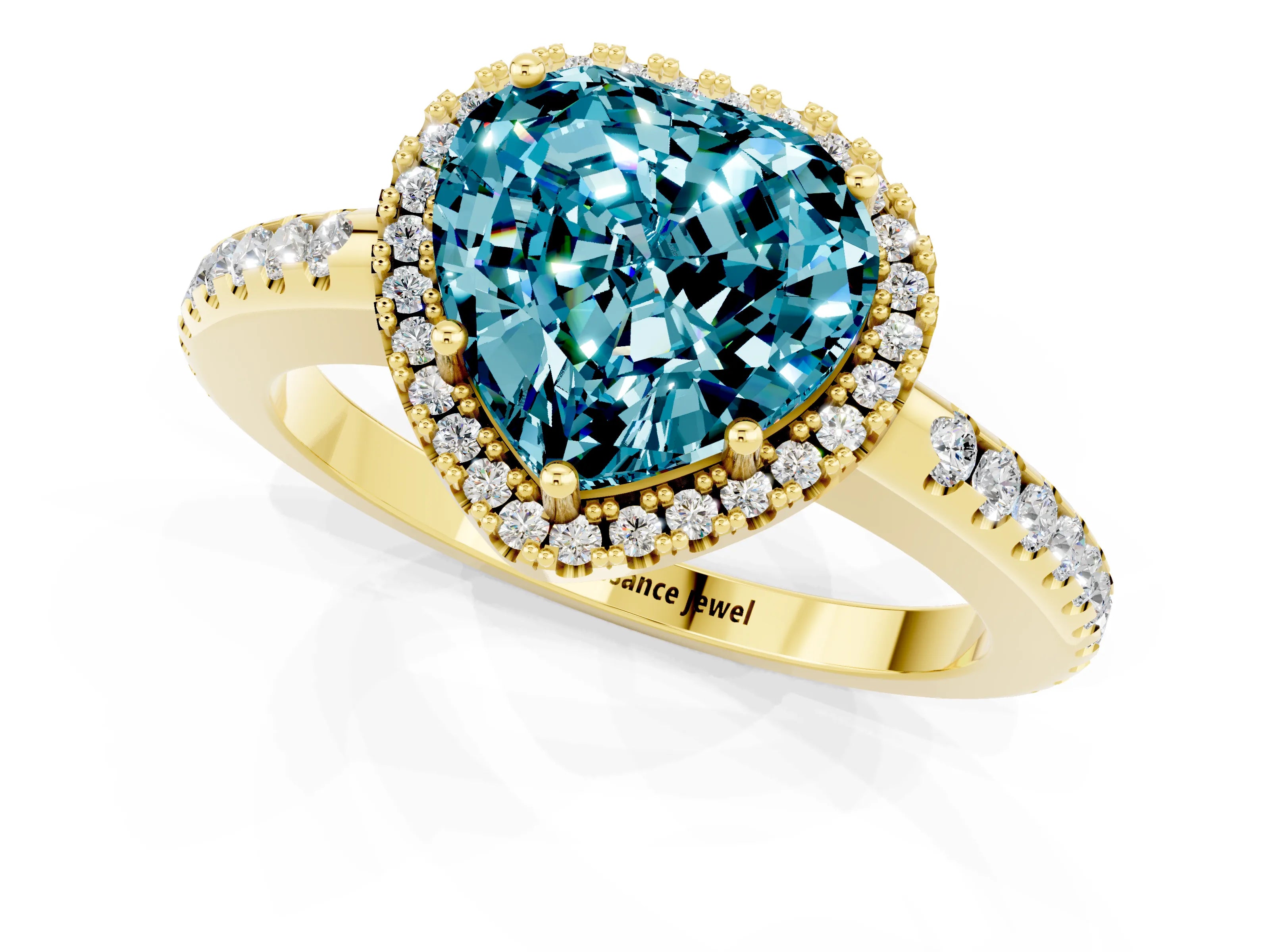 Yellow gold Heart Cut Blue Topaz Pavé Halo Ring with Four-Prong Setting_13