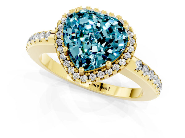 Yellow gold Heart Cut Blue Topaz Pavé Halo Ring with Four-Prong Setting