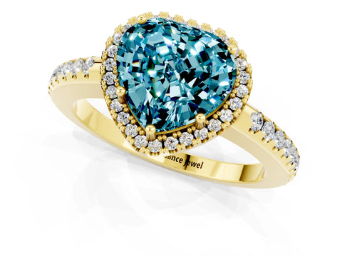 Yellow gold Heart Cut Blue Topaz Pavé Halo Ring with Four-Prong Setting_13