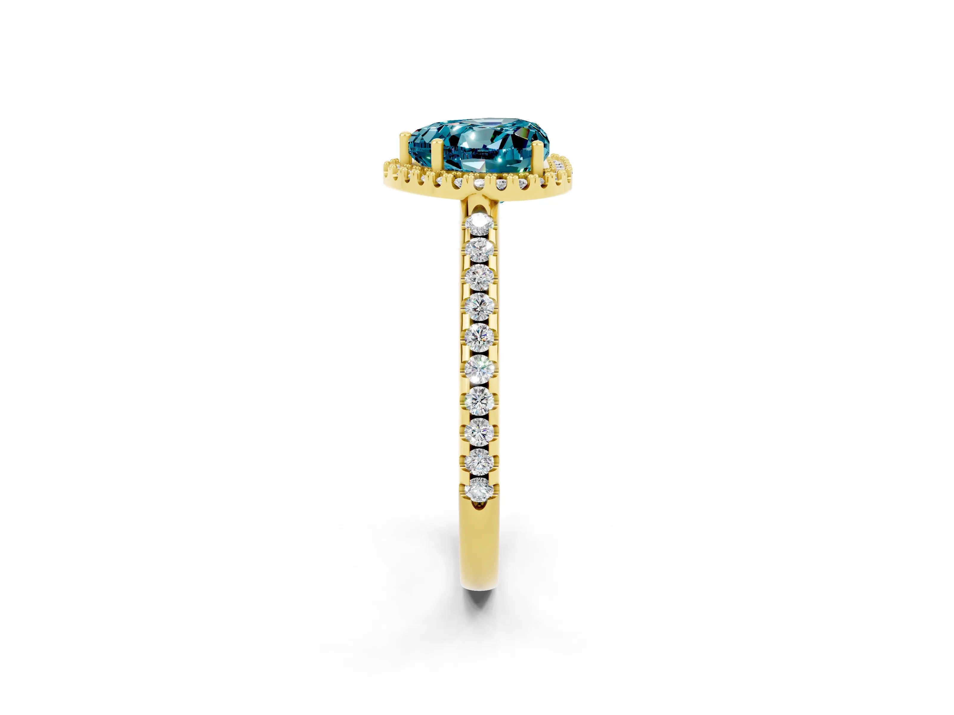 Yellow gold Heart Cut Blue Topaz Pavé Halo Ring with Four-Prong Setting_14