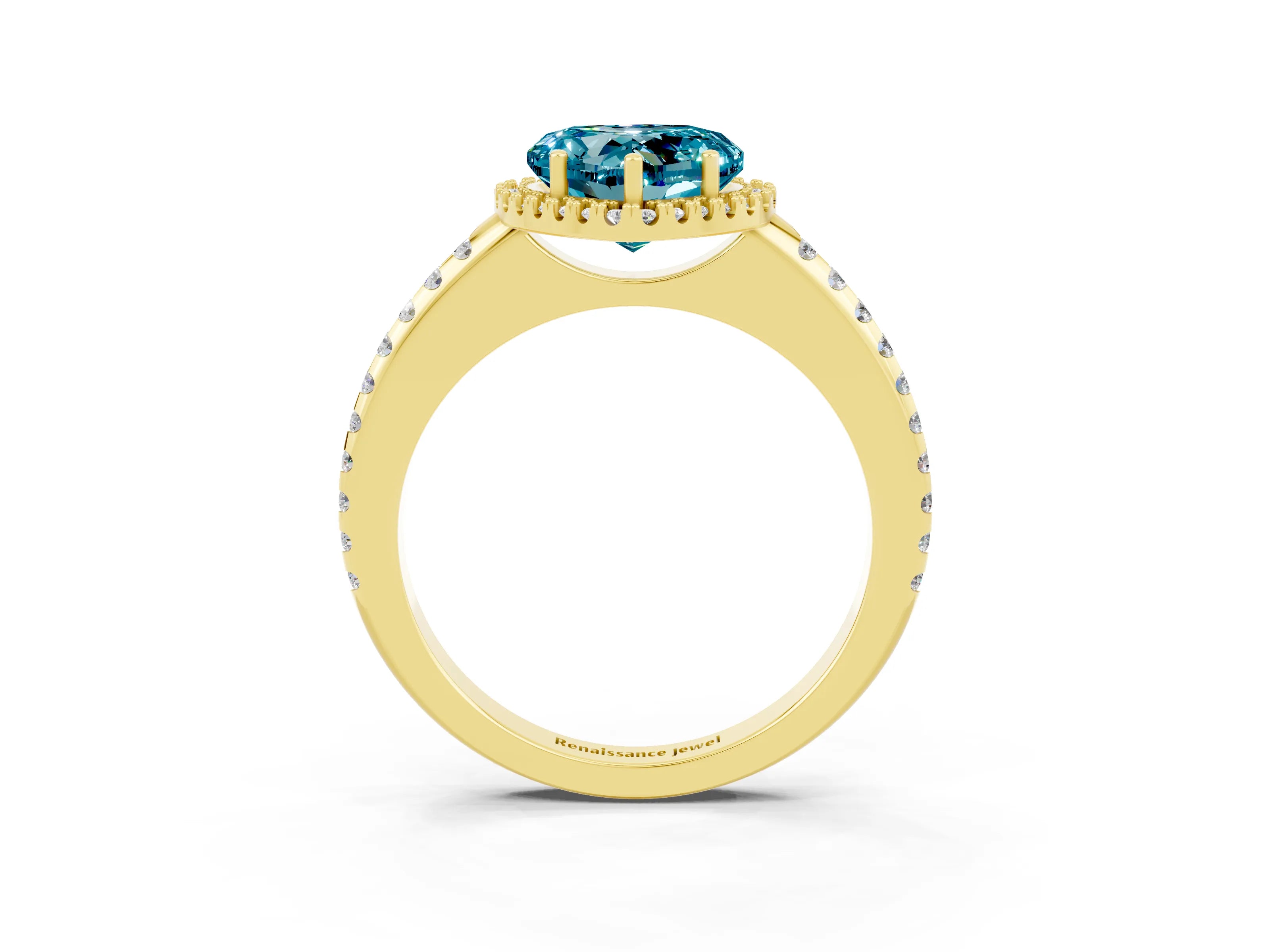 Yellow gold Heart Cut Blue Topaz Pavé Halo Ring with Four-Prong Setting_15