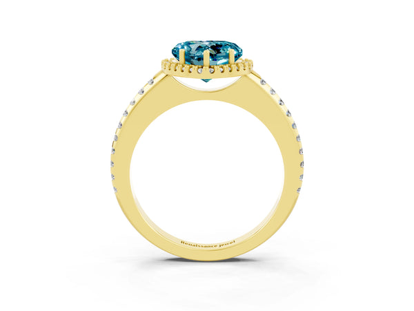 Yellow gold Heart Cut Blue Topaz Pavé Halo Ring with Four-Prong Setting