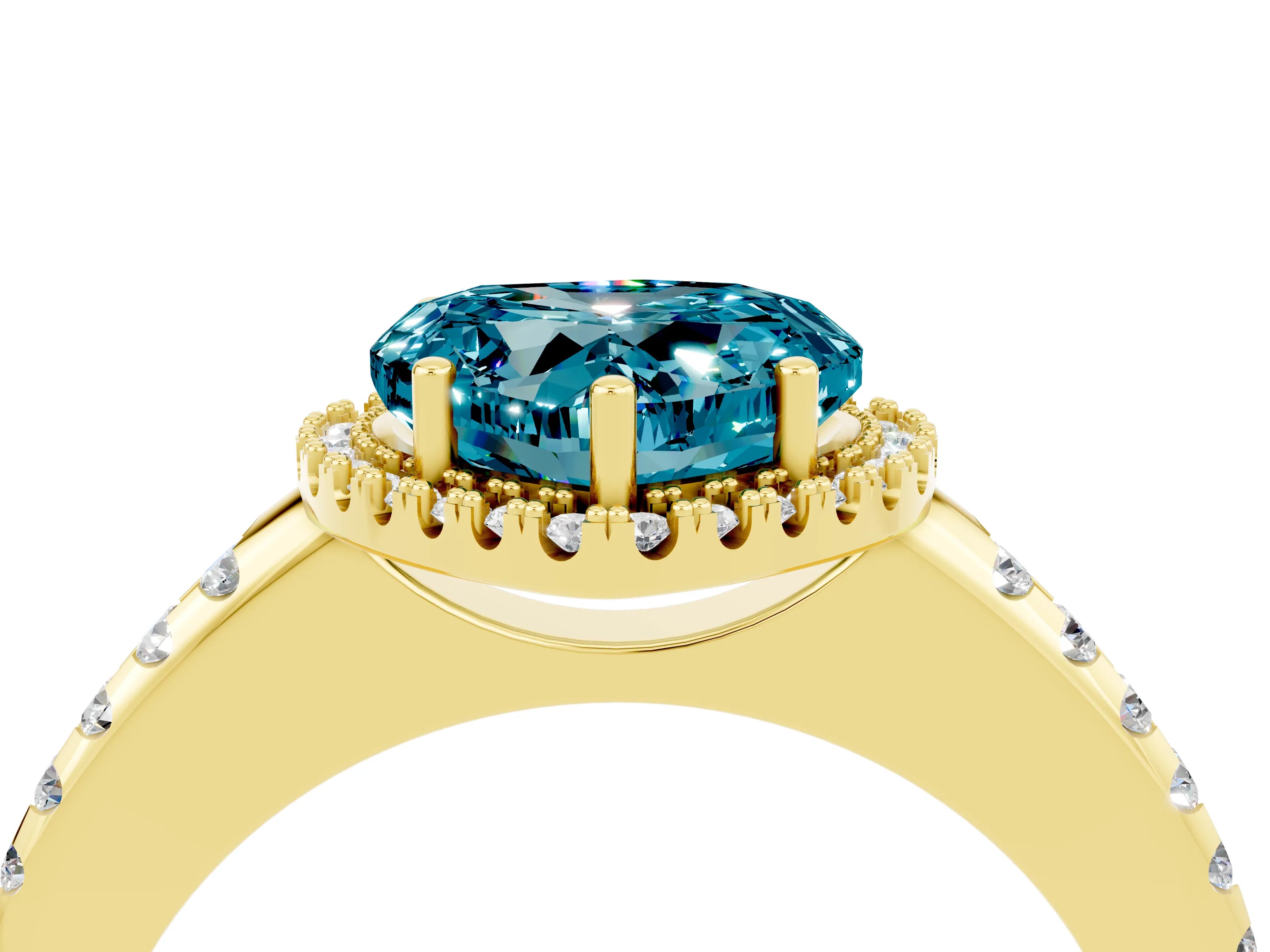 Yellow gold Heart Cut Blue Topaz Pavé Halo Ring with Four-Prong Setting_16