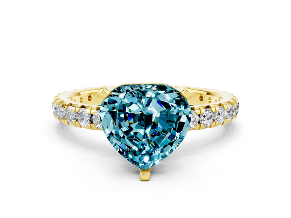 Yellow gold Heart Cut Blue Topaz Pavé Solitaire Ring with Round Band and Prong Setting
