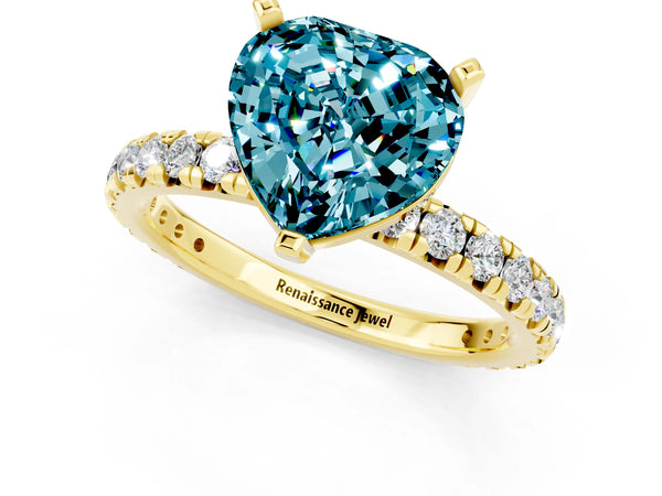 Yellow gold Heart Cut Blue Topaz Pavé Solitaire Ring with Round Band and Prong Setting
