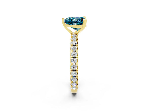 Yellow gold Heart Cut Blue Topaz Pavé Solitaire Ring with Round Band and Prong Setting
