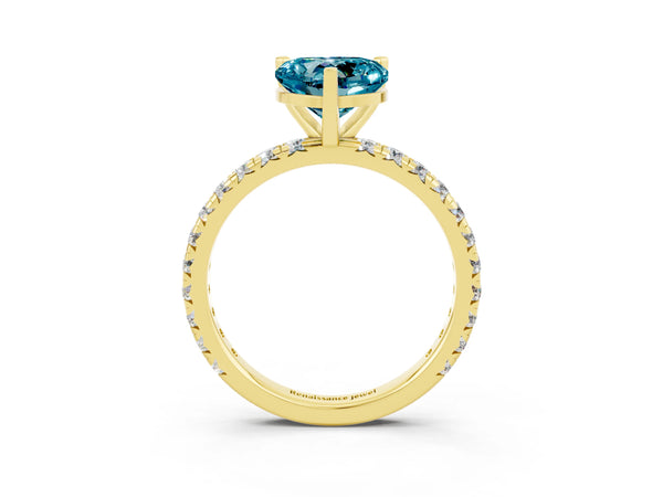 Yellow gold Heart Cut Blue Topaz Pavé Solitaire Ring with Round Band and Prong Setting