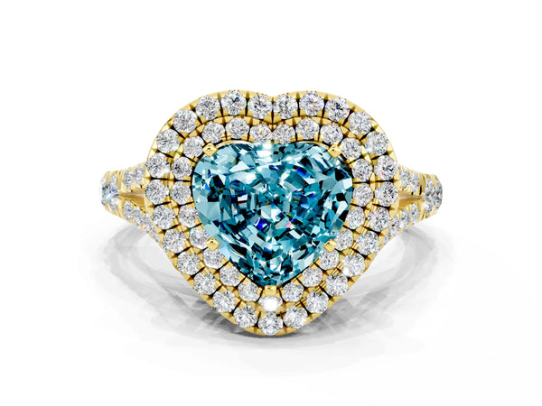Yellow gold Heart Cut Blue Topaz Pavé Split Shank Double Halo Engagement Ring