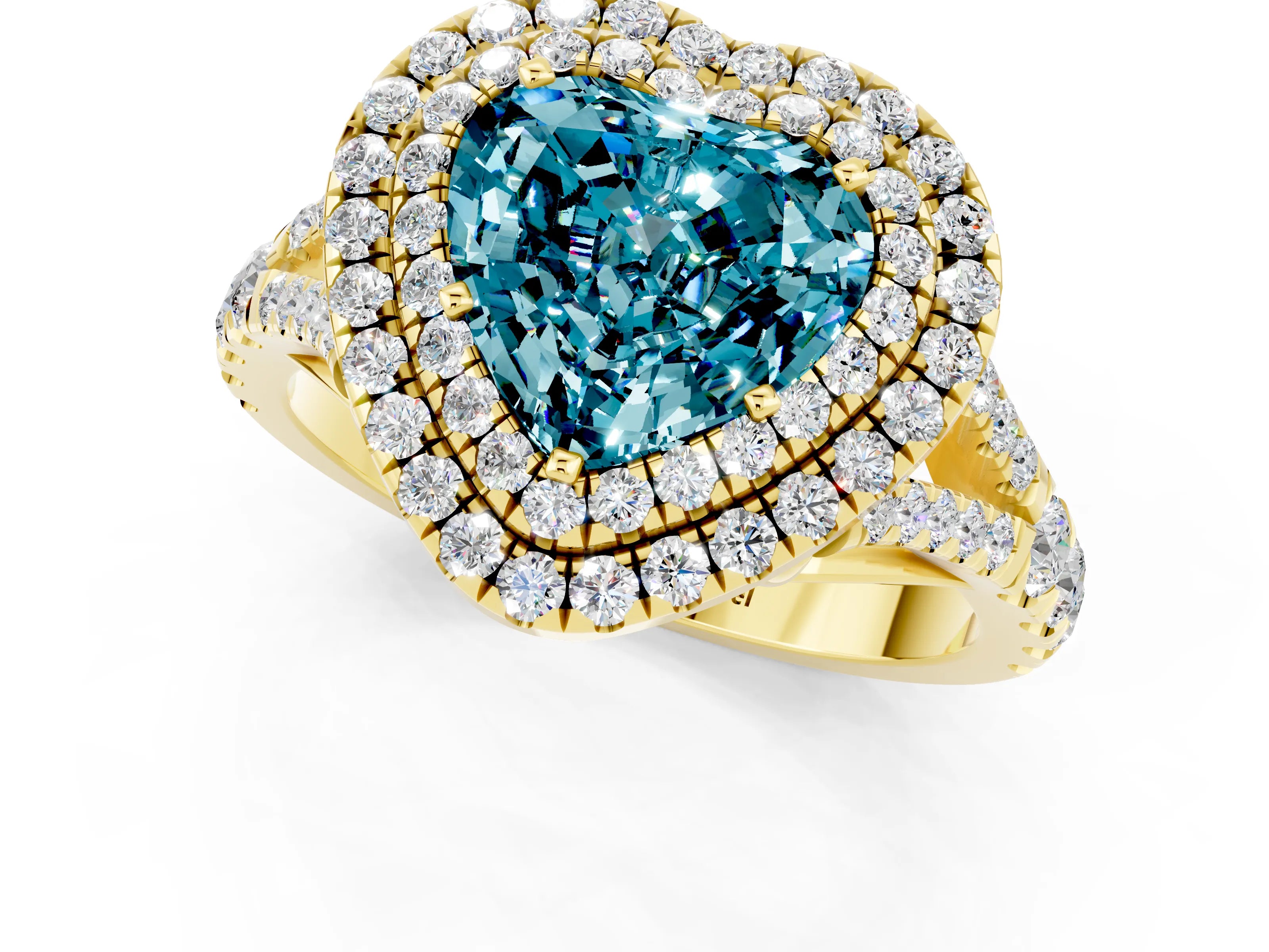 Yellow gold Heart Cut Blue Topaz Pavé Split Shank Double Halo Engagement Ring_1