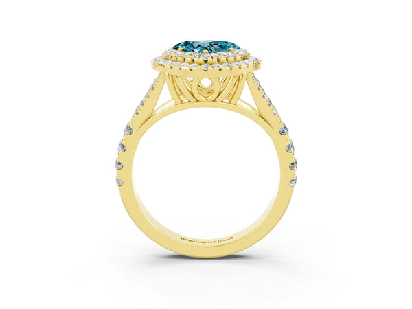 Yellow gold Heart Cut Blue Topaz Pavé Split Shank Double Halo Engagement Ring