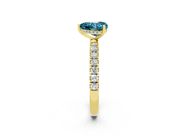 Yellow gold Heart Cut Blue Topaz Pave Band Solitaire Ring with Round  and Prong Setting