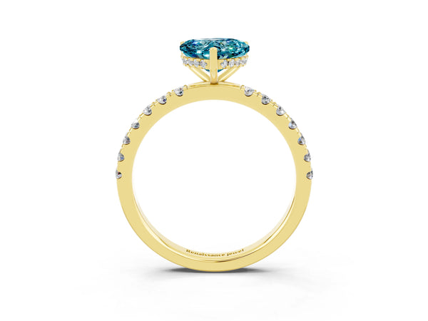 Yellow gold Heart Cut Blue Topaz Pave Band Solitaire Ring with Round  and Prong Setting