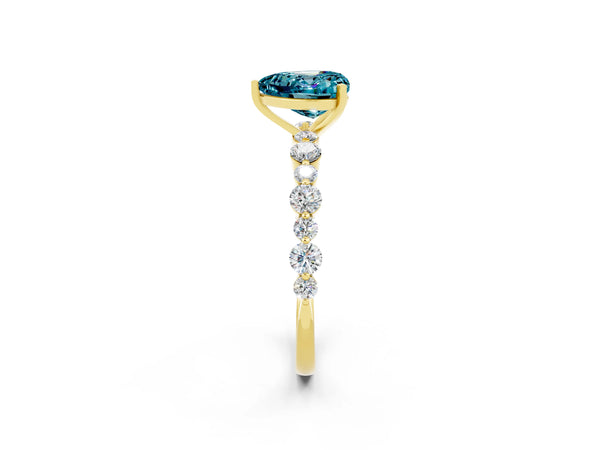 Yellow gold Heart Cut Blue Topaz Prong Set Engagement Ring with Pavé Band