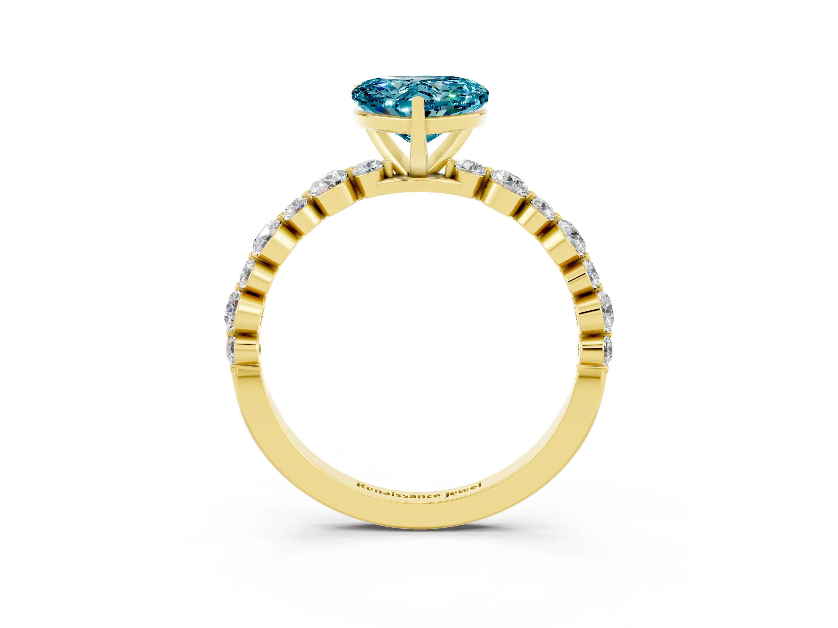 Yellow gold Heart Cut Blue Topaz Prong Set Engagement Ring with Pavé Band_3