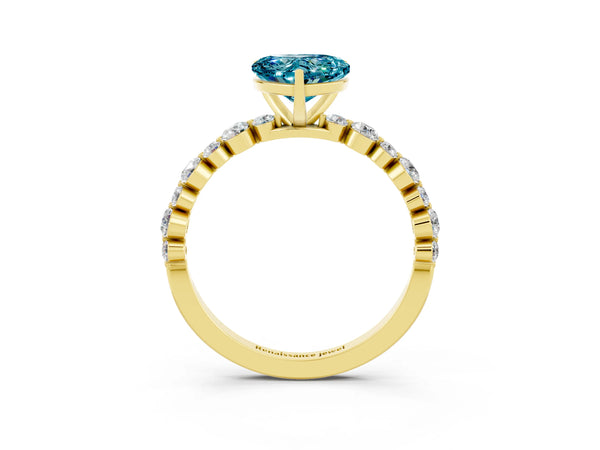 Yellow gold Heart Cut Blue Topaz Prong Set Engagement Ring with Pavé Band