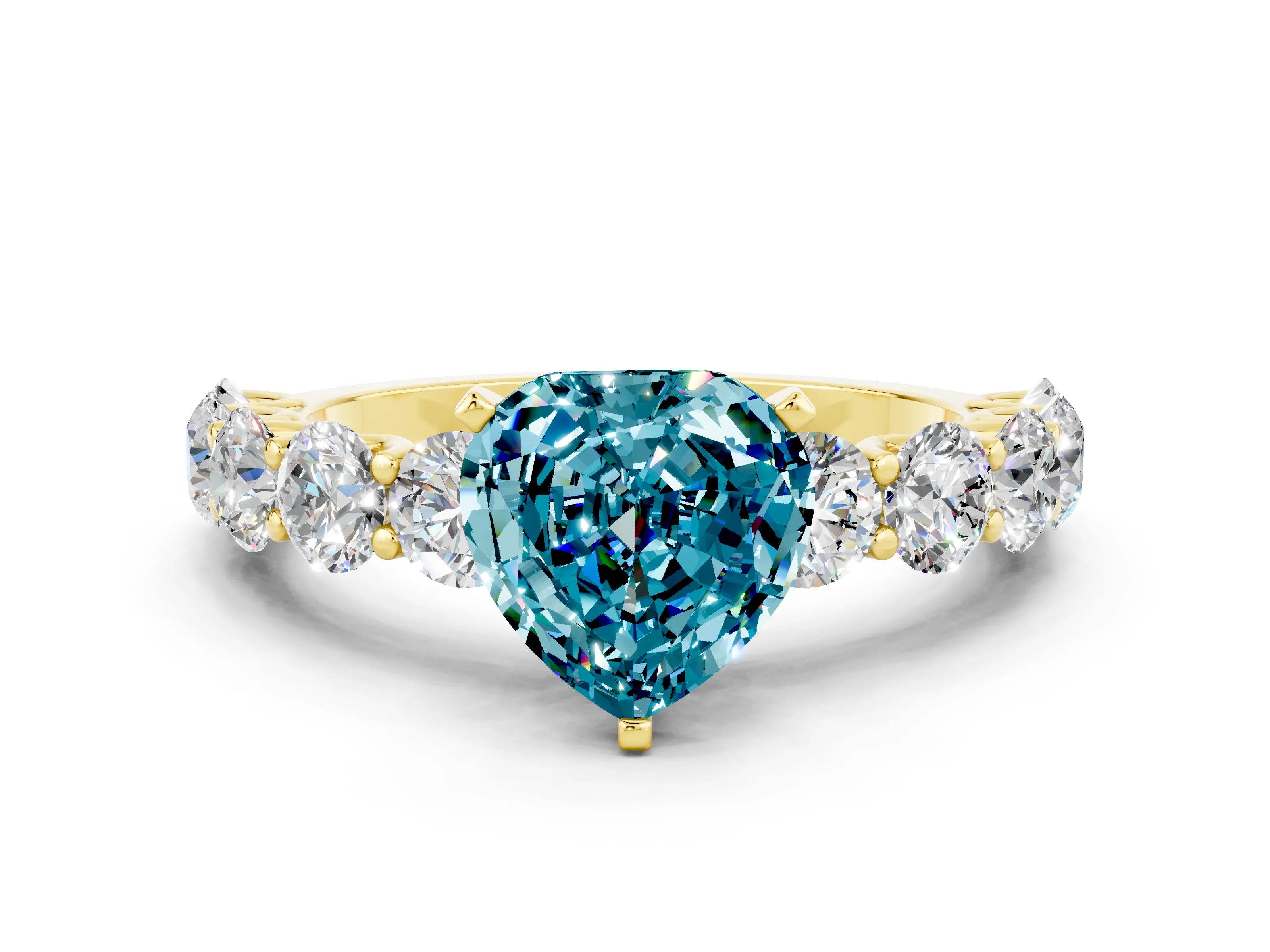 Yellow gold Heart Cut Blue Topaz Prong Setting with Side Stones on a Pave Band