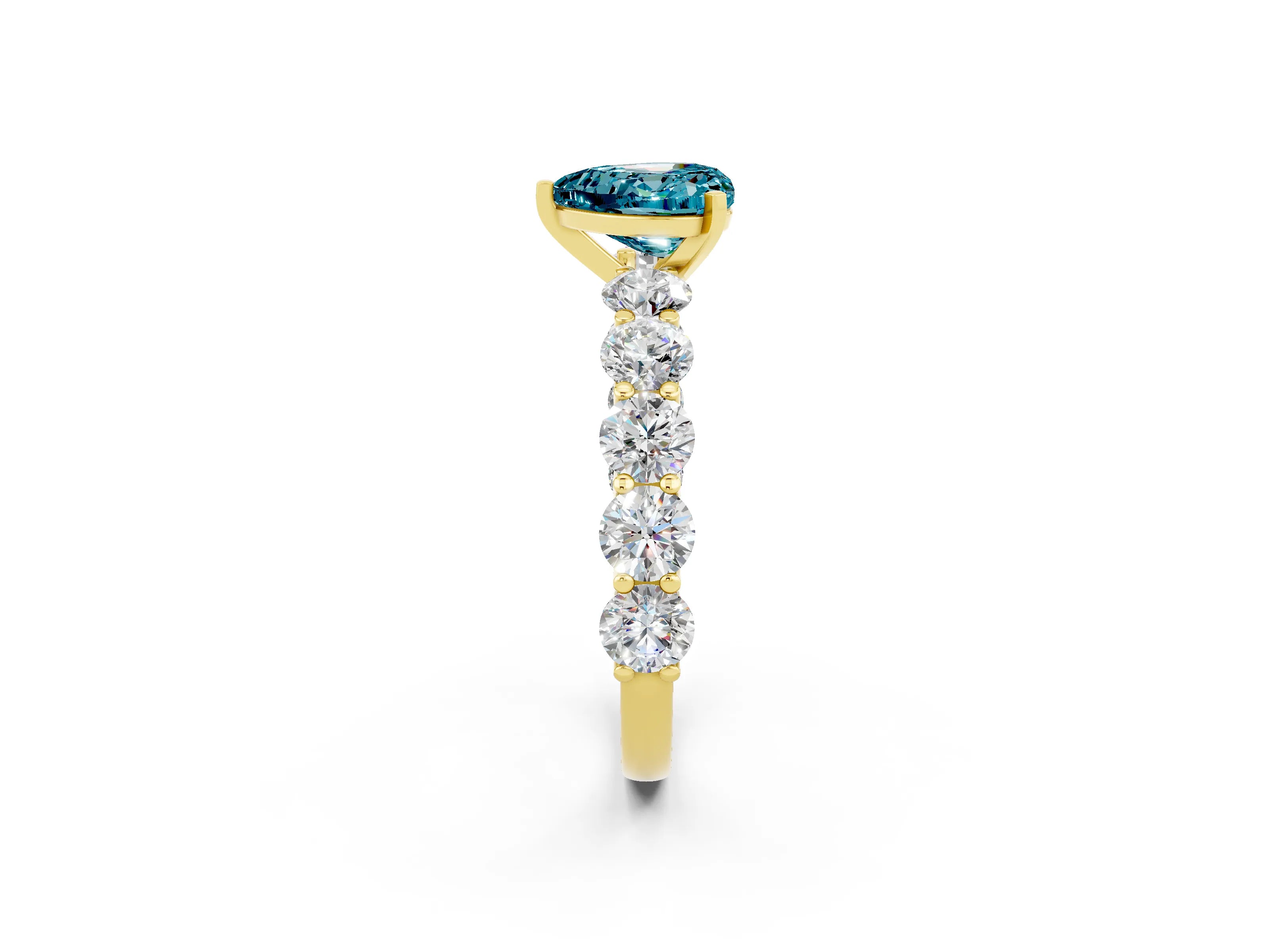 Yellow gold Heart Cut Blue Topaz Prong Setting with Side Stones on a Pave Band_2