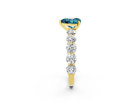 Yellow gold Heart Cut Blue Topaz Prong Setting with Side Stones on a Pave Band_2