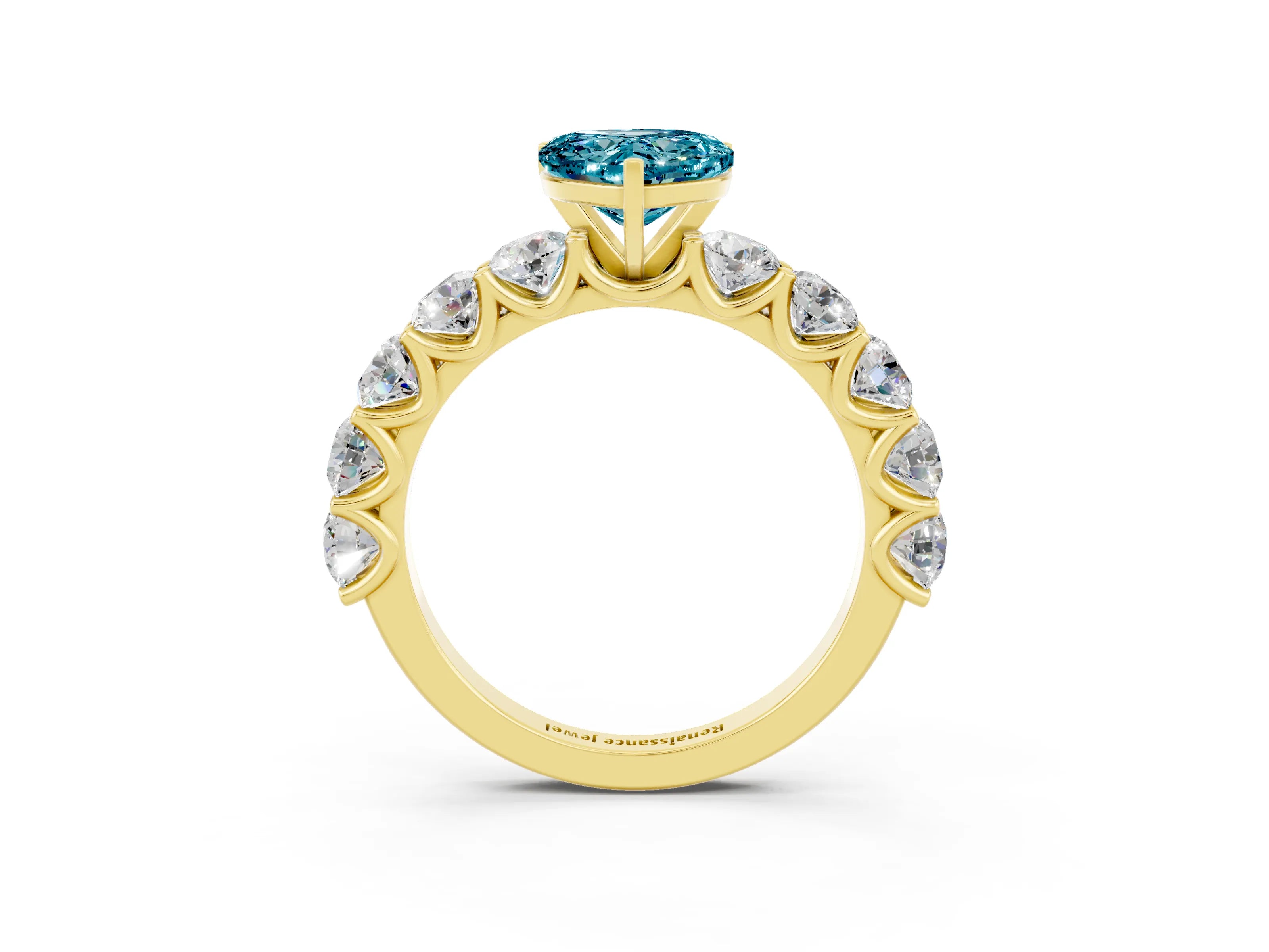 Yellow gold Heart Cut Blue Topaz Prong Setting with Side Stones on a Pave Band_3