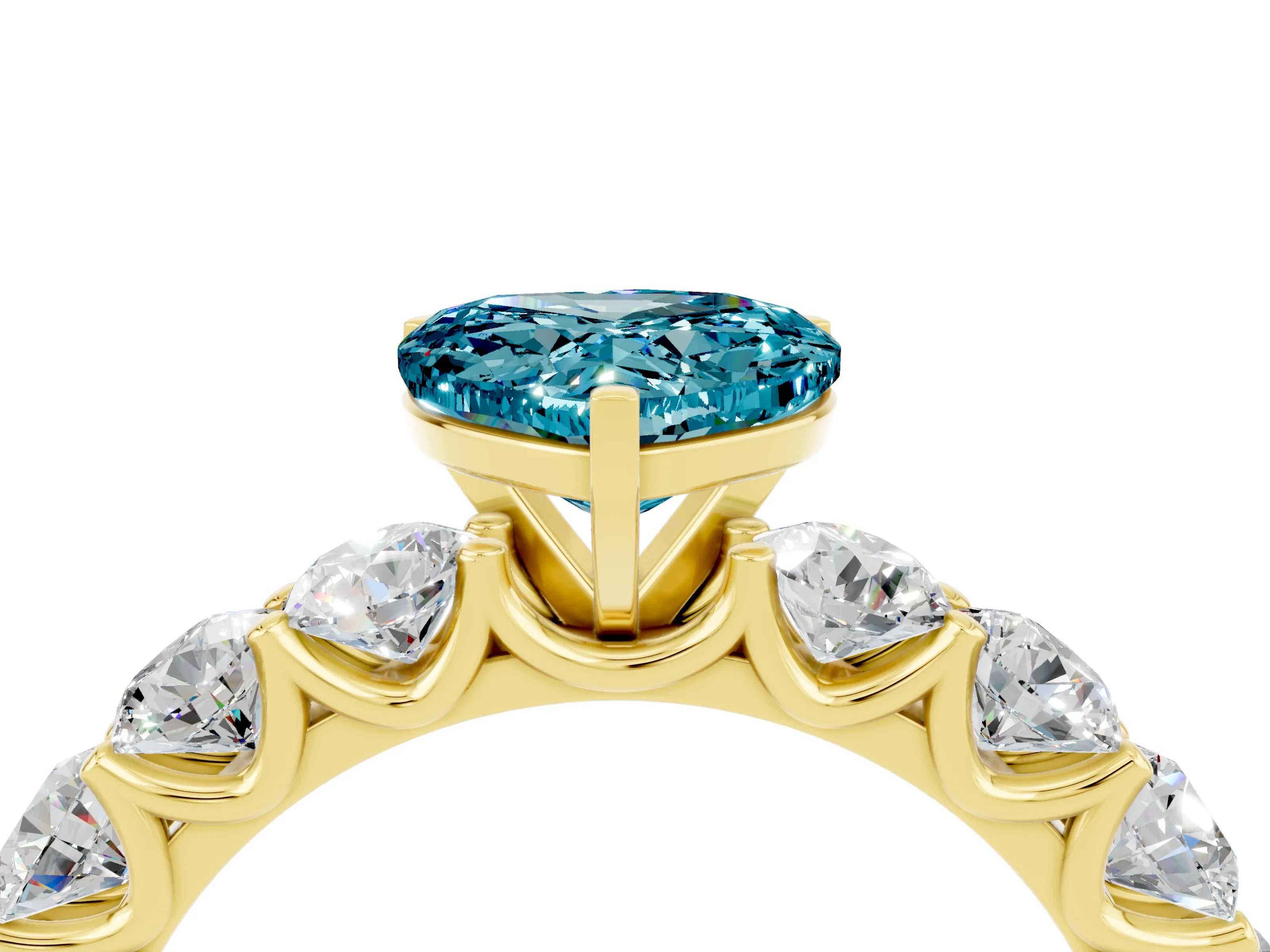 Yellow gold Heart Cut Blue Topaz Prong Setting with Side Stones on a Pave Band_4