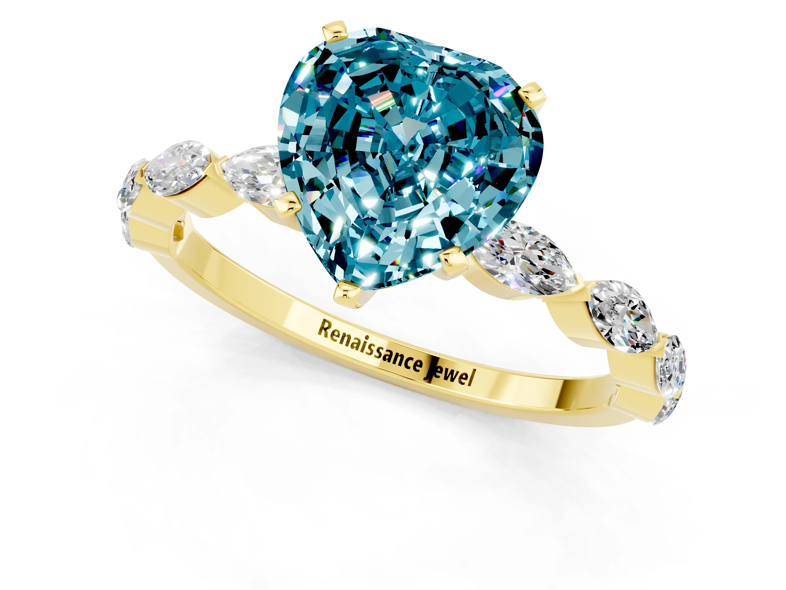 Yellow gold Heart Cut Blue Topaz Ring with Marquise Side Stones and Prong Setting_1
