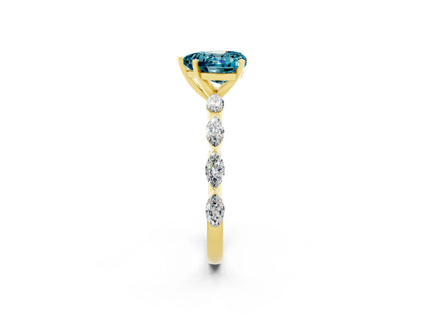 Yellow gold Heart Cut Blue Topaz Ring with Marquise Side Stones and Prong Setting