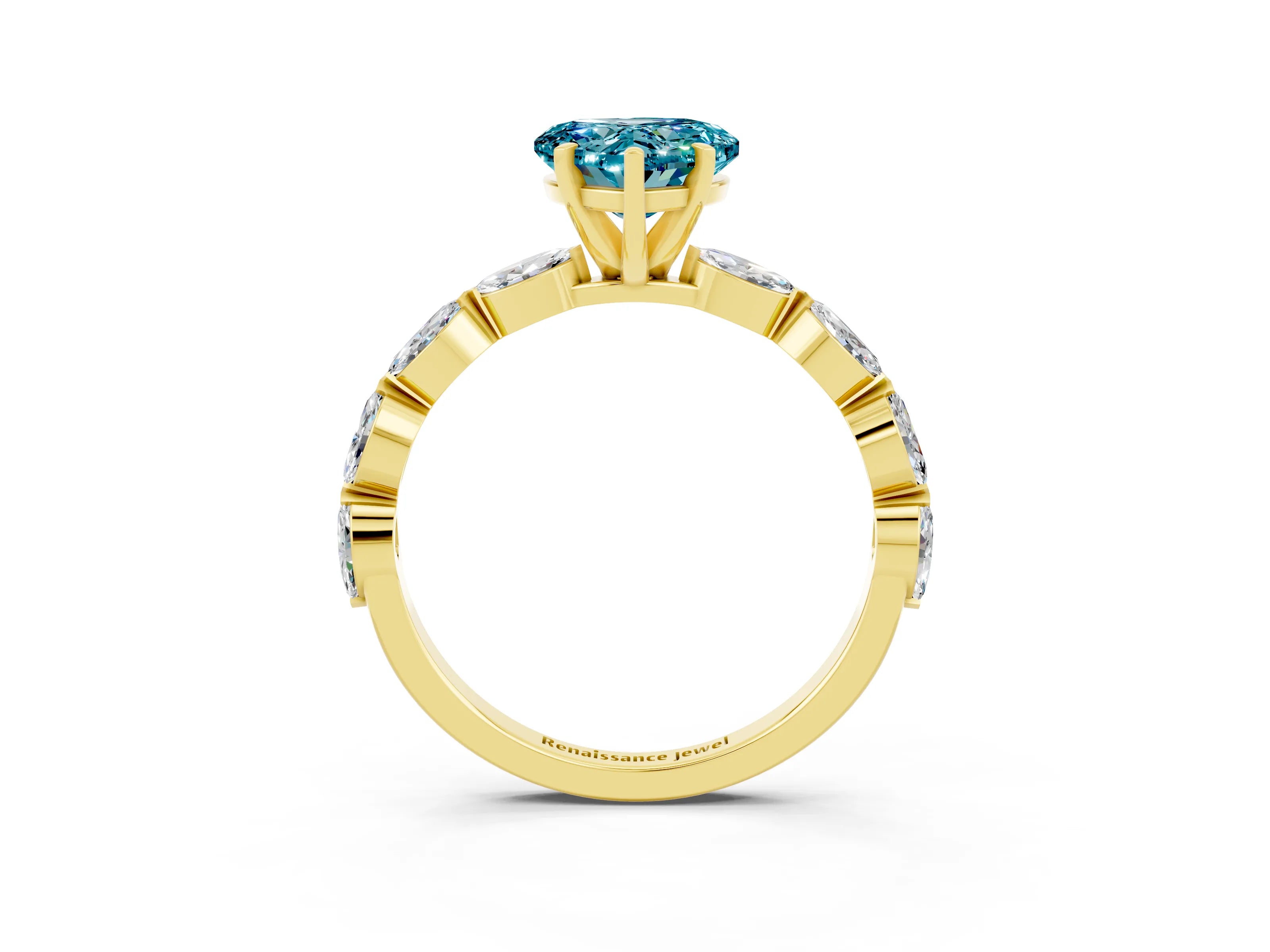 Yellow gold Heart Cut Blue Topaz Ring with Marquise Side Stones and Prong Setting_3