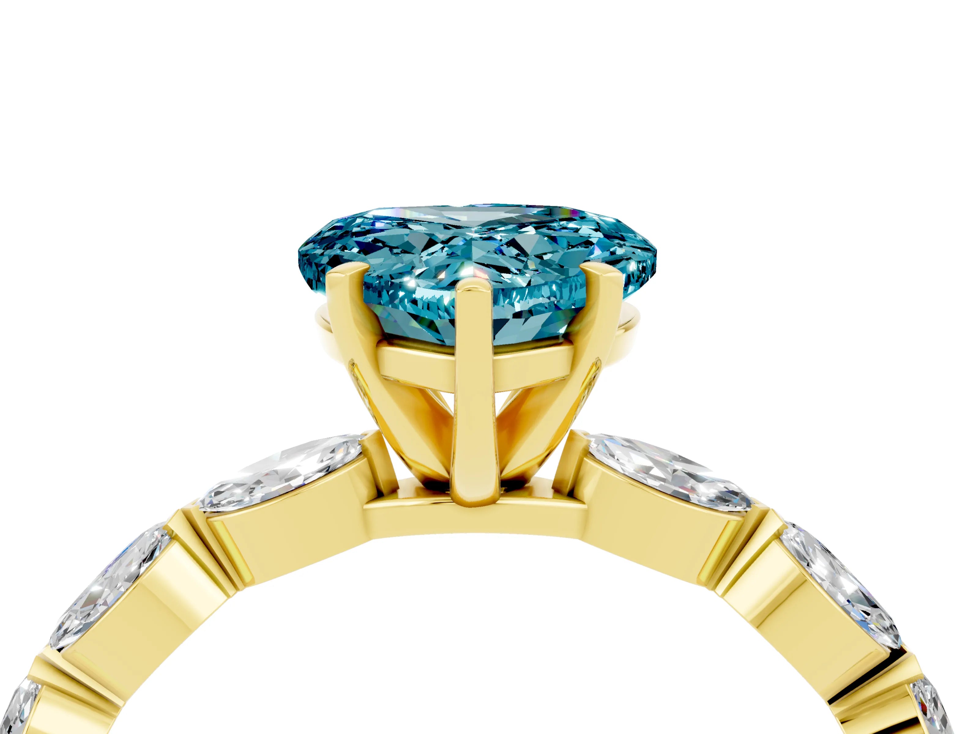 Yellow gold Heart Cut Blue Topaz Ring with Marquise Side Stones and Prong Setting_4
