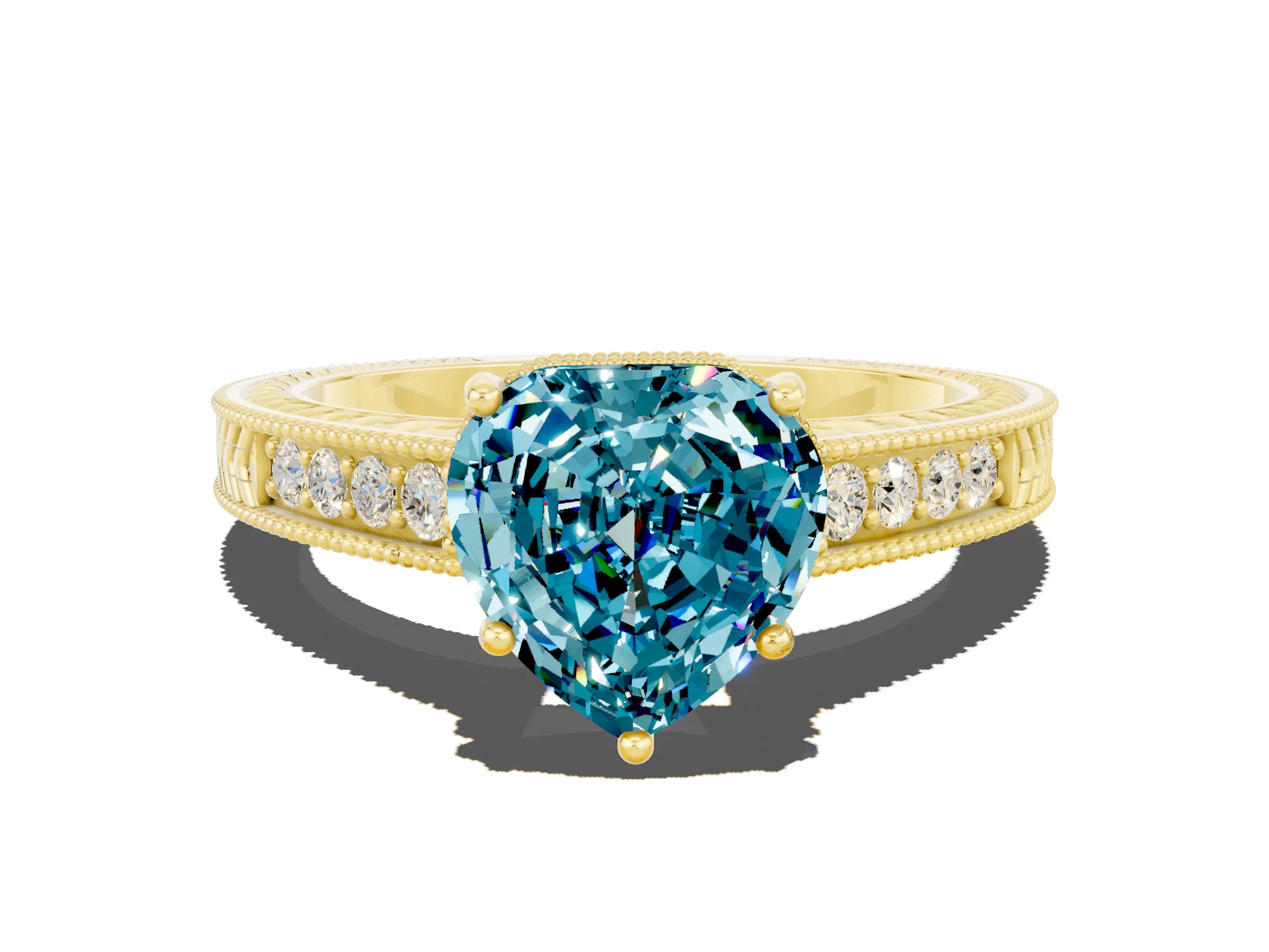 Yellow gold Heart Cut Blue Topaz Ring with Milgrain Pavé Band and Four-Prong Setting_12