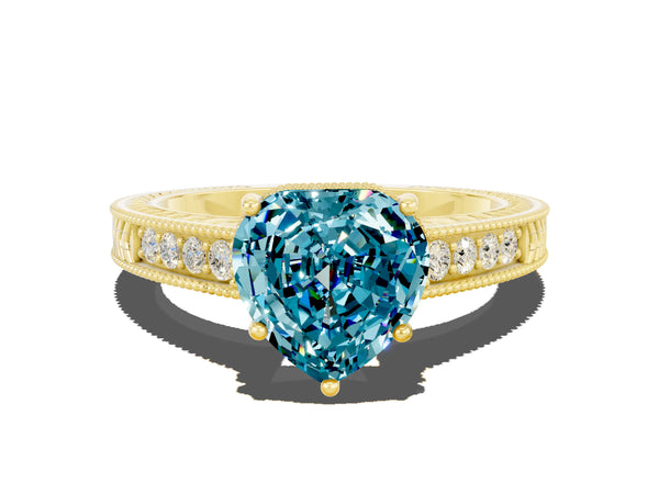 Yellow gold Heart Cut Blue Topaz Ring with Milgrain Pavé Band and Four-Prong Setting