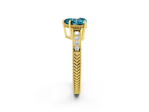 Yellow gold Heart Cut Blue Topaz Ring with Milgrain Pavé Band and Four-Prong Setting