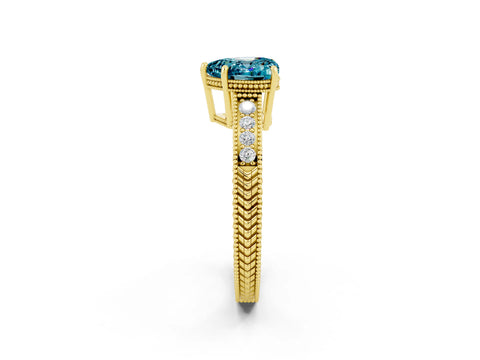 Yellow gold Heart Cut Blue Topaz Ring with Milgrain Pavé Band and Four-Prong Setting_14
