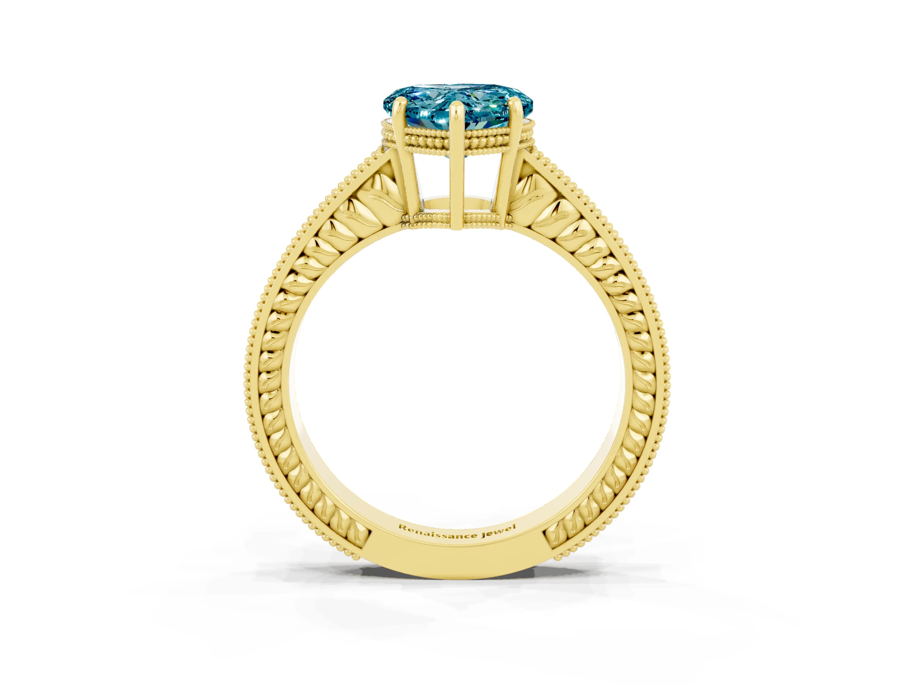 Yellow gold Heart Cut Blue Topaz Ring with Milgrain Pavé Band and Four-Prong Setting_15