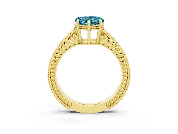 Yellow gold Heart Cut Blue Topaz Ring with Milgrain Pavé Band and Four-Prong Setting