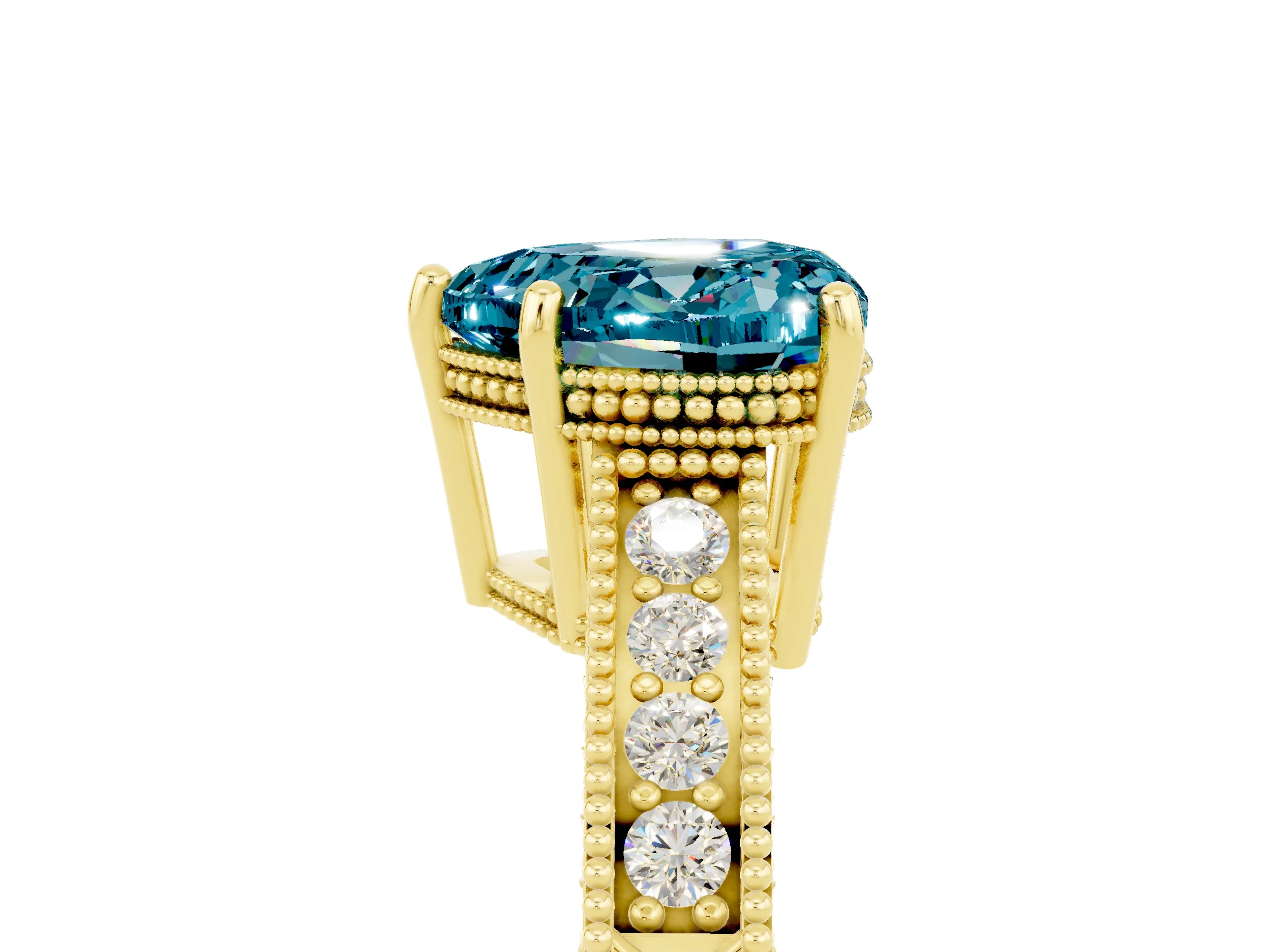 Yellow gold Heart Cut Blue Topaz Ring with Milgrain Pavé Band and Four-Prong Setting_17