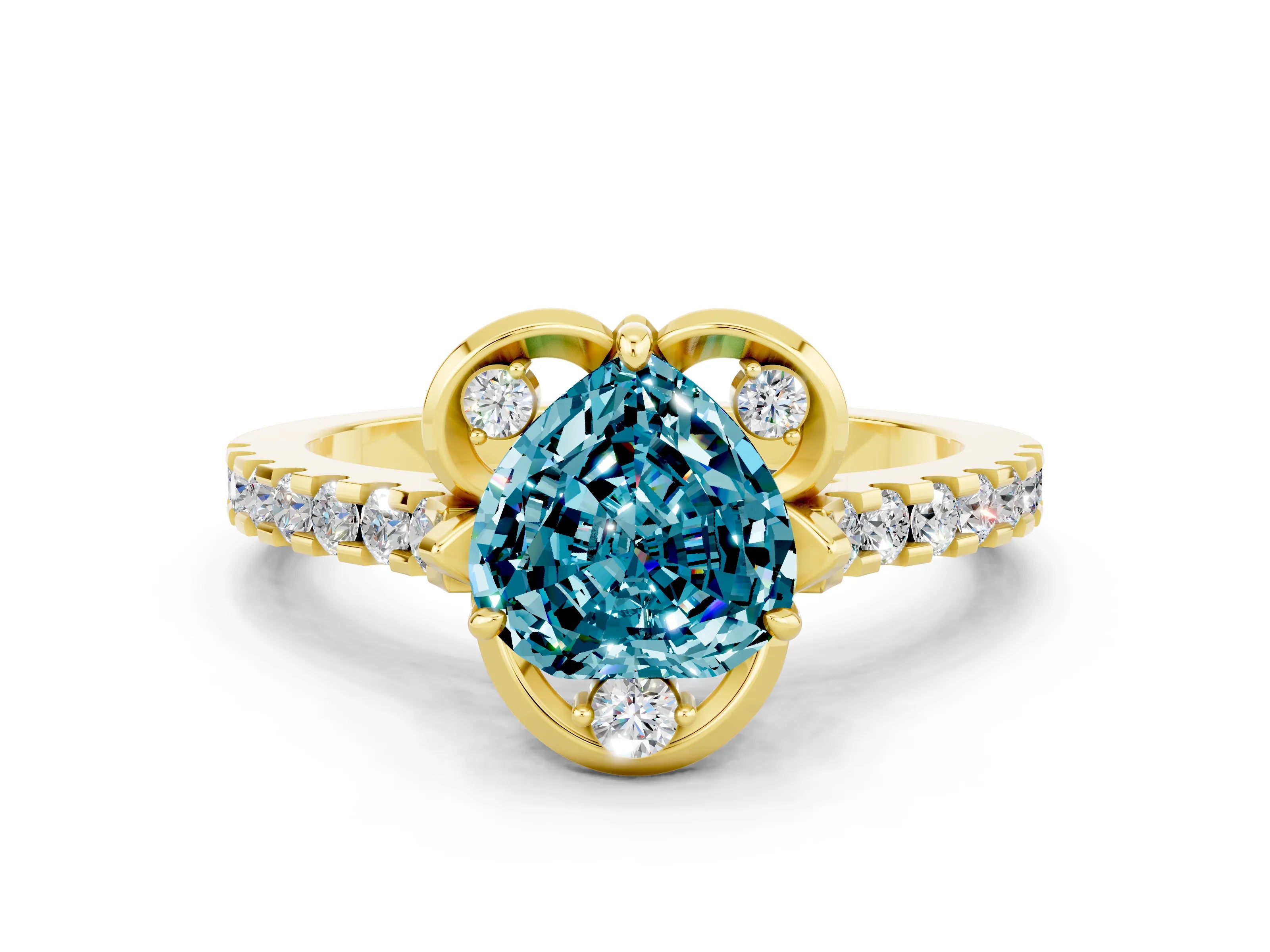 Yellow gold Heart Cut Blue Topaz Ring with Pavé Band and Floral Prong Setting