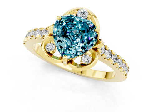 Yellow gold Heart Cut Blue Topaz Ring with Pavé Band and Floral Prong Setting_1