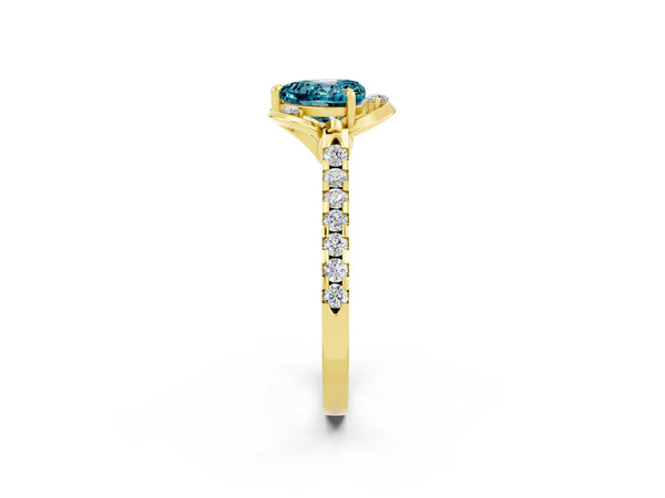 Yellow gold Heart Cut Blue Topaz Ring with Pavé Band and Floral Prong Setting