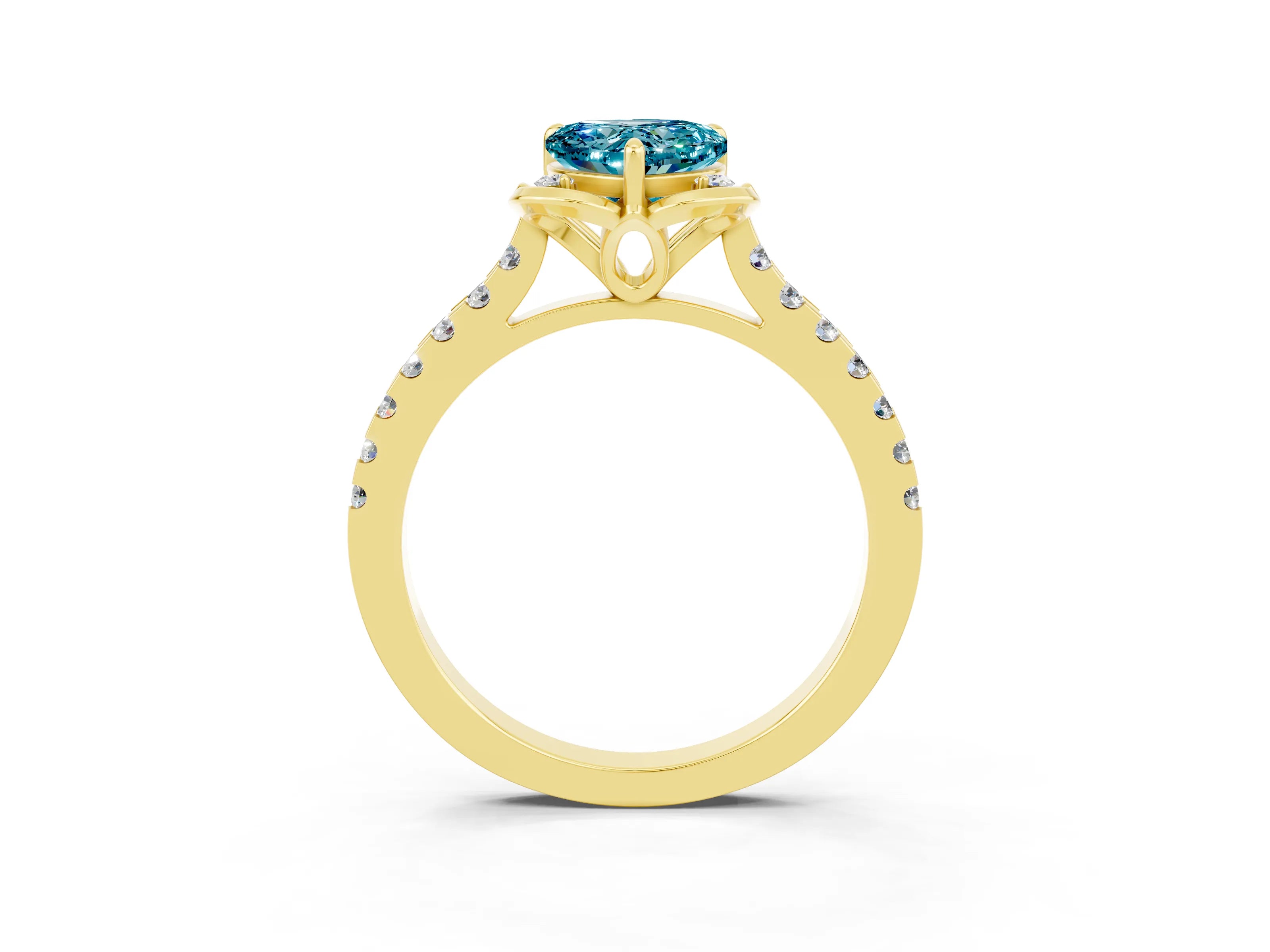 Yellow gold Heart Cut Blue Topaz Ring with Pavé Band and Floral Prong Setting_3