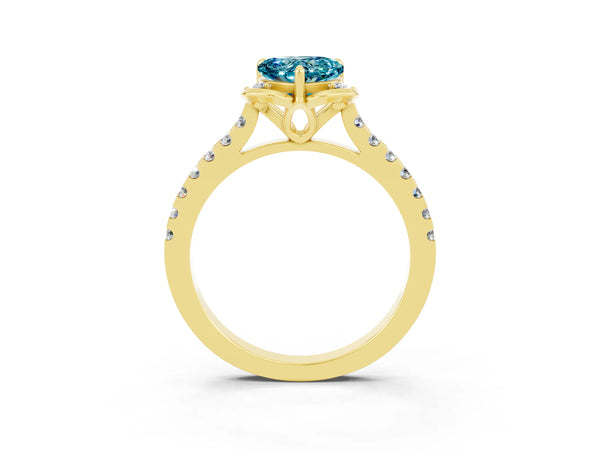 Yellow gold Heart Cut Blue Topaz Ring with Pavé Band and Floral Prong Setting