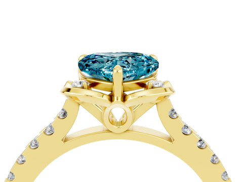 Yellow gold Heart Cut Blue Topaz Ring with Pavé Band and Floral Prong Setting_4