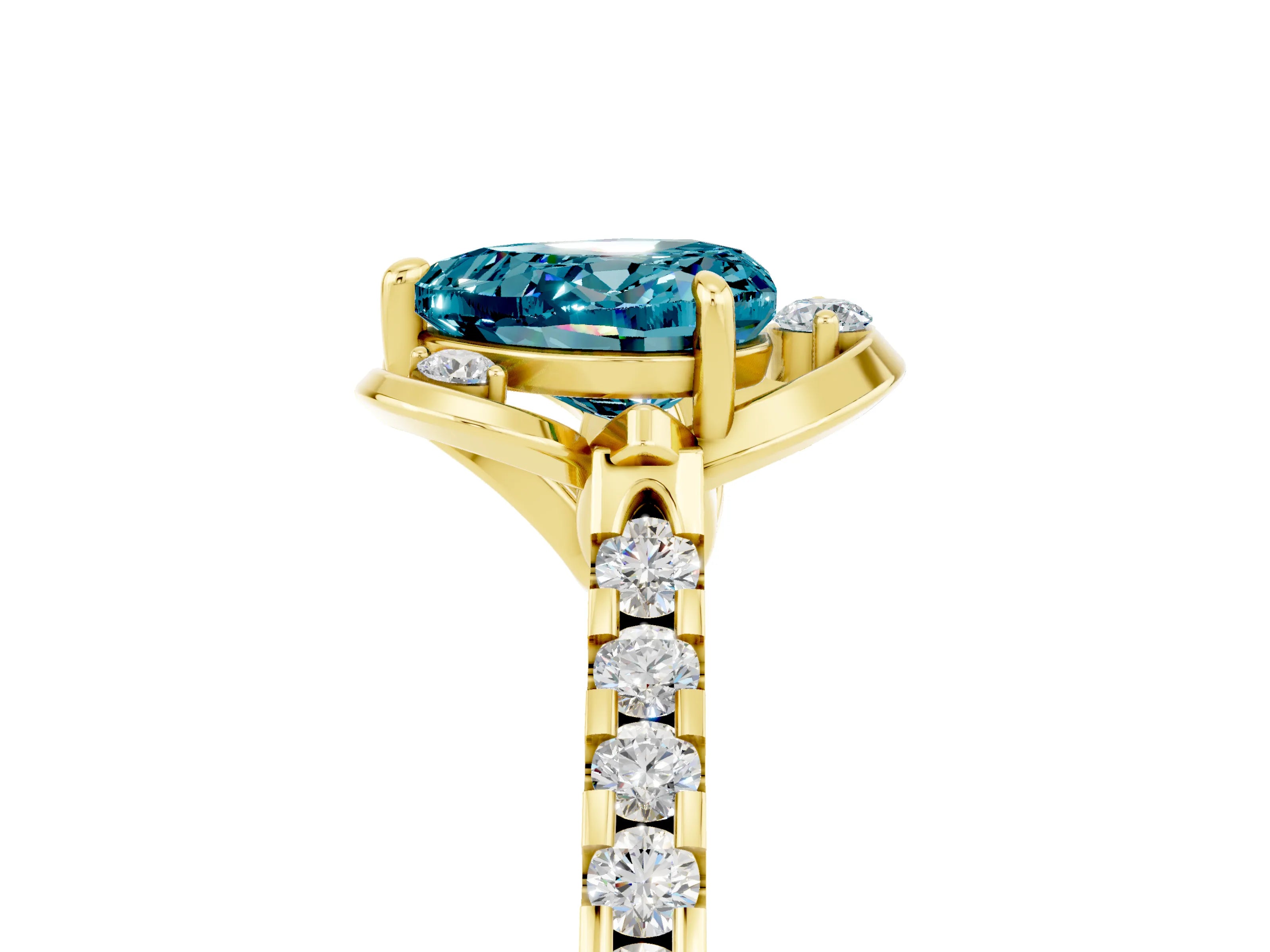 Yellow gold Heart Cut Blue Topaz Ring with Pavé Band and Floral Prong Setting_5