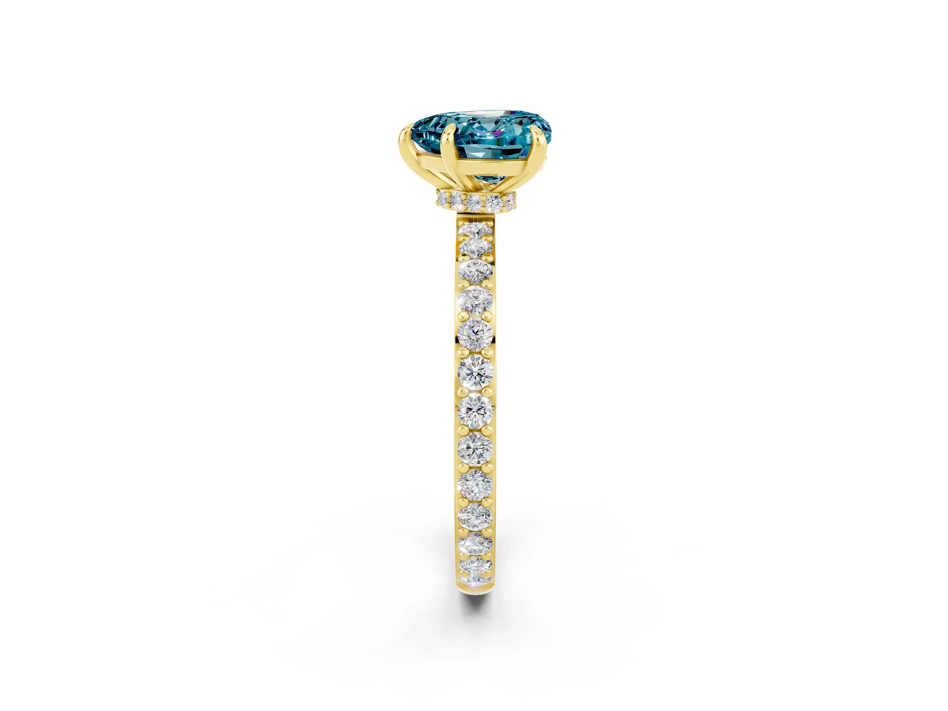 Yellow gold Heart Cut Blue Topaz Ring with Pavé Band and Four-Prong Setting_2