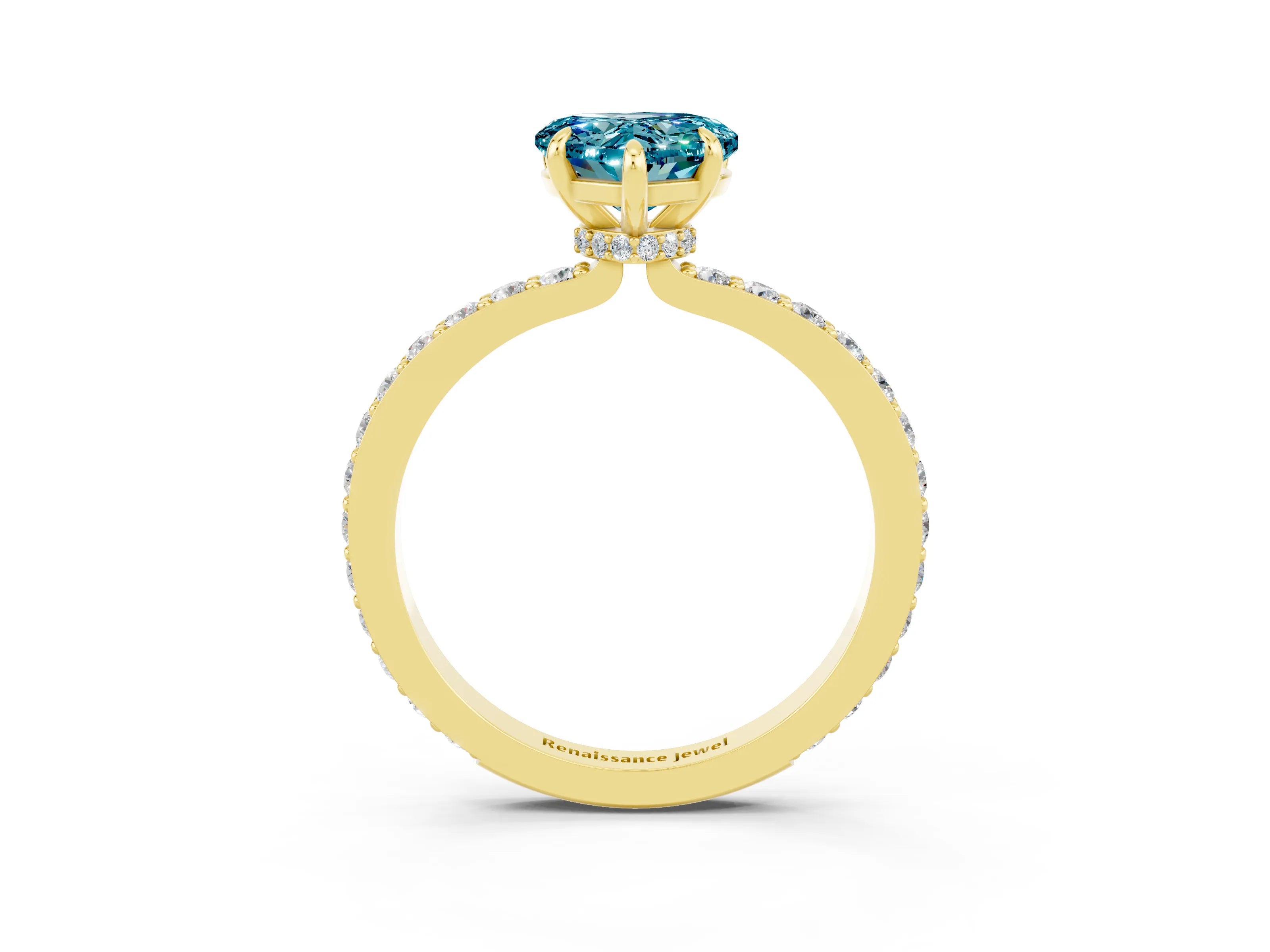 Yellow gold Heart Cut Blue Topaz Ring with Pavé Band and Four-Prong Setting_3