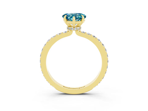 Yellow gold Heart Cut Blue Topaz Ring with Pavé Band and Four-Prong Setting_3
