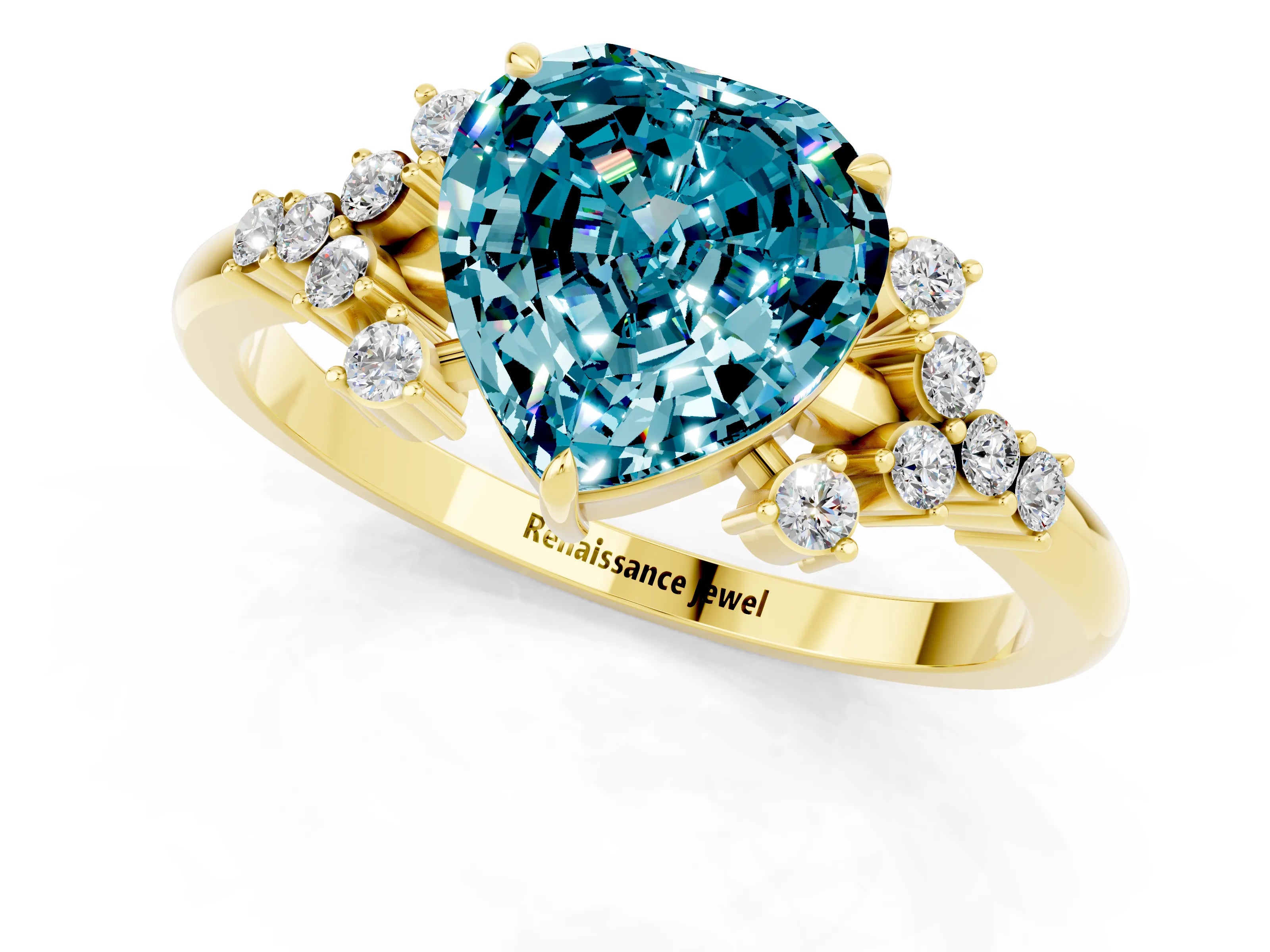 Yellow gold Heart Cut Blue Topaz Ring with Side Stones and Four-Prong Setting_37