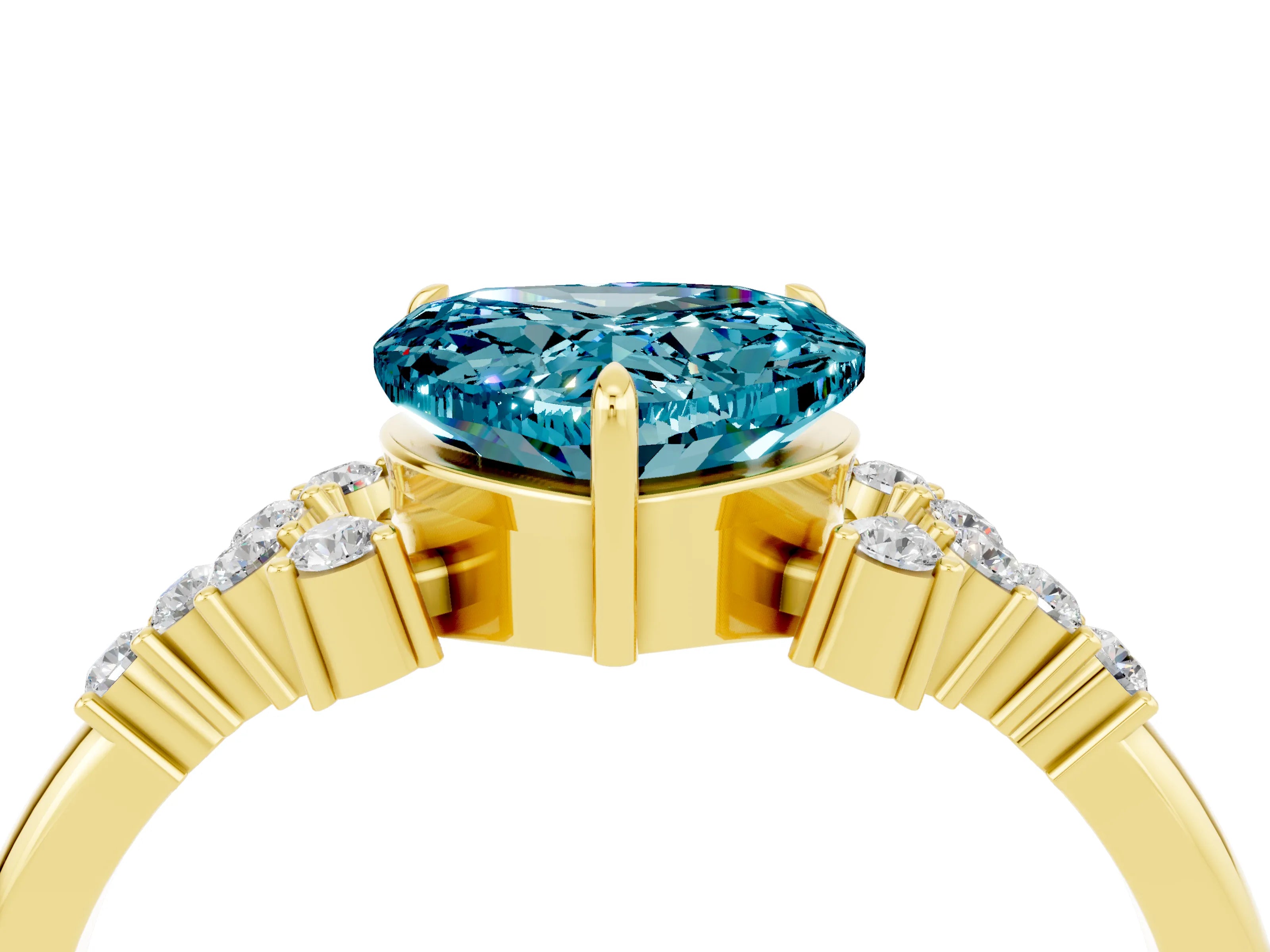 Yellow gold Heart Cut Blue Topaz Ring with Side Stones and Four-Prong Setting_40